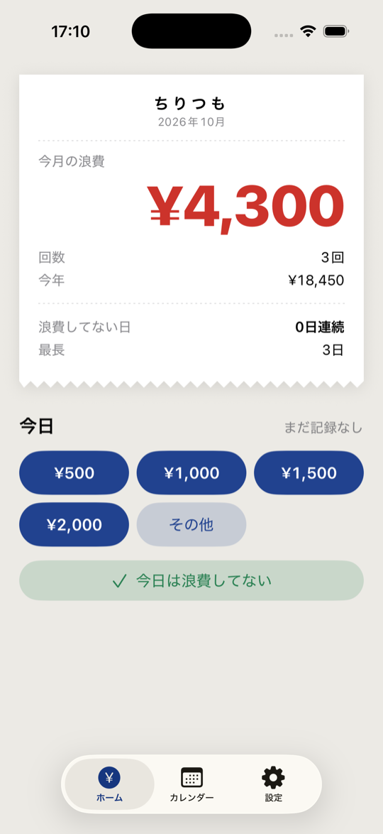 ちりつものホーム画面。レシートに今月の浪費額が赤で大きく表示されている
